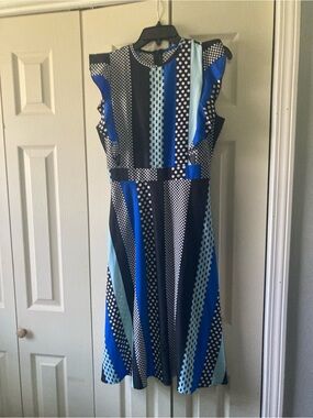 Skue Sleeveless Blue Polka-Stripe Midi Dress